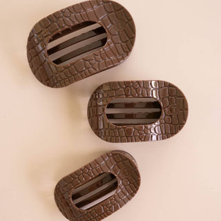 Teleties Brown Crocodile Large Flat Round Hair Clip