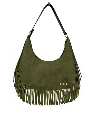 Loretta Suede Fringe Slouchy Bag in Olive