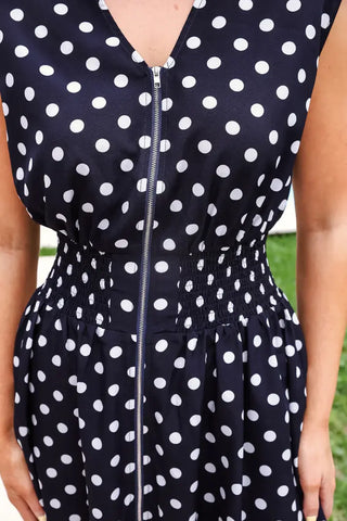 Annie Midi Zipper Dress- Navy Polka Dot