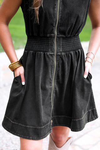 Black Refined Denim Zipper Dress
