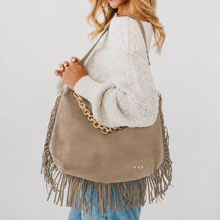 Loretta Suede Fringe Slouchy Bag in Taupe