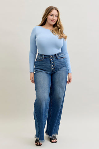 Judy Blue Straight Leg Button Fly Fray Hem Jeans