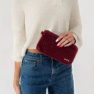 Suede Emma Woven Clutch Wristlet in Burgundy