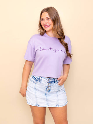 LSU Licensed Buttery Soft Embroidered Crop Tee