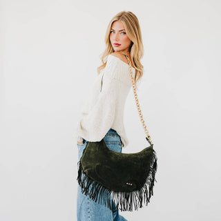 Loretta Suede Fringe Slouchy Bag in Black