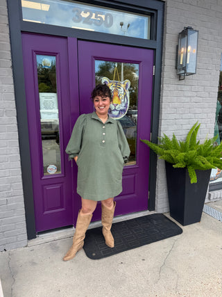 Olive Fall Charm Balloon Sleeve Mini Dress