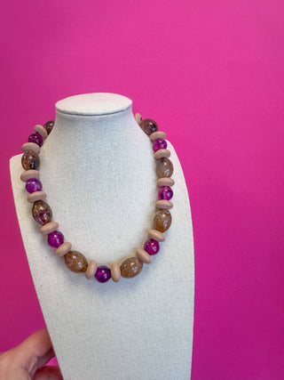 Chunky Marbled Resin Pebble Wood Beaded Necklace