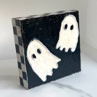 Halloween Ghosts Check Textured Handpainted Wood Block Art⁠