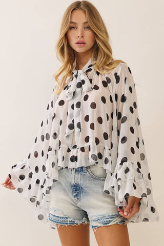 Paris Sheer Chiffon Ruffle Polka Dot Blouse