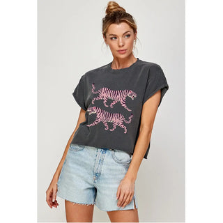Charcoal & Pink Vintage Tigers Crop Tee