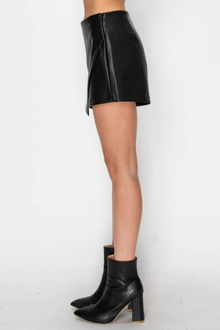 Faux Leather Asymmetrical Black Mini Skort