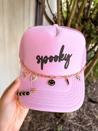 Spooky Light Pink Trucker Hat with Chain & Pin