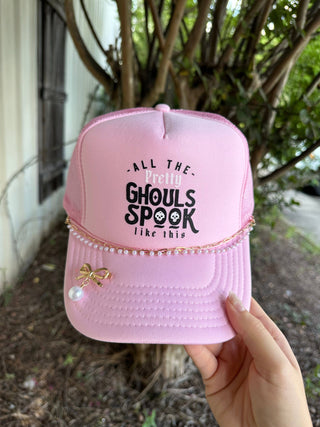 Pretty Ghouls Light Pink Trucker Hat with Chain and Pin