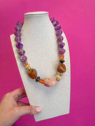 Chunky Mixed Marbled Resin Pebble Beaded Statement Necklace