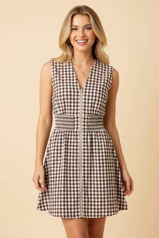 Brown Gingham Smocked Zip Up Dress