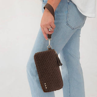 Suede Emma Woven Clutch Wristlet in Chocolate