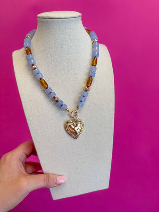 Beaded Heart Necklace - Brown and Blue