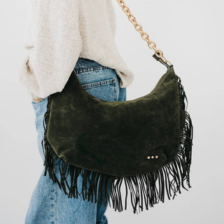 Loretta Suede Fringe Slouchy Bag in Olive