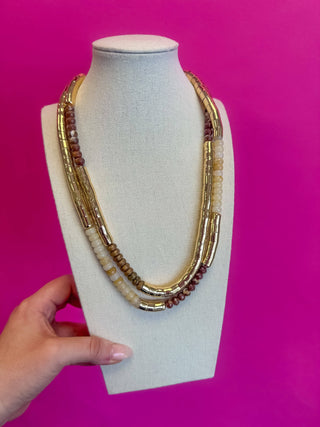 Brown Bead and Gold Leather Necklace