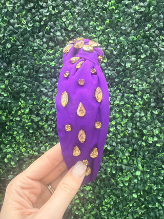 Purple Knot Headband with Gold Rhinestones