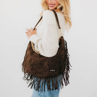 Loretta Suede Fringe Slouchy Bag in Chocolate