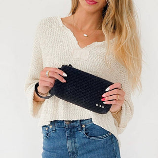Suede Emma Woven Clutch Wristlet in Navy