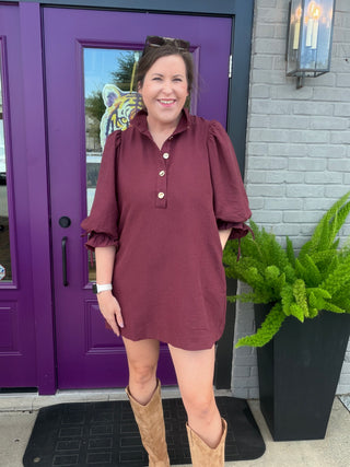Merlot Fall Charm Balloon Sleeve Mini Dress