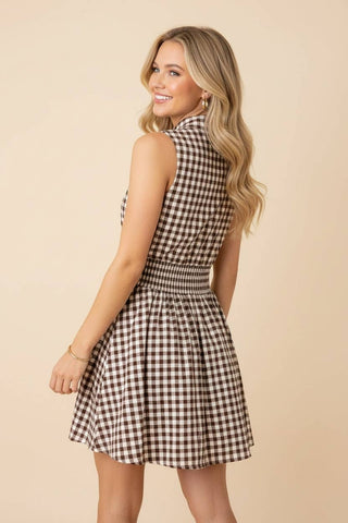 Brown Gingham Smocked Zip Up Dress