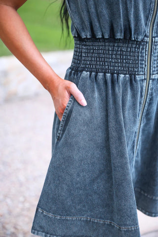 Light Wash Refined Denim Zipper Dress