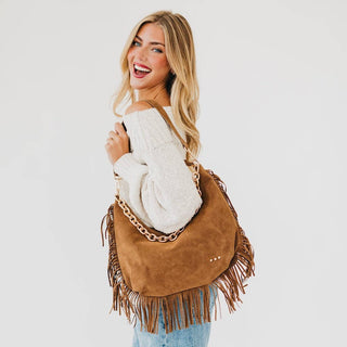 Loretta Suede Fringe Slouchy Bag in Camel