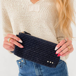 Suede Emma Woven Clutch Wristlet in Navy