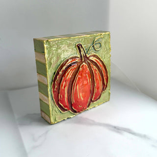 Orange Pumpkin Striped Textured Handpainted Wood Block Art⁠