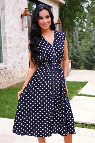 Annie Midi Zipper Dress- Navy Polka Dot