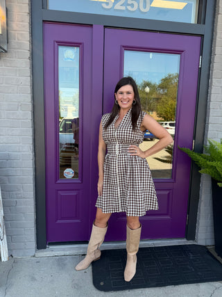 Brown Gingham Smocked Zip Up Dress