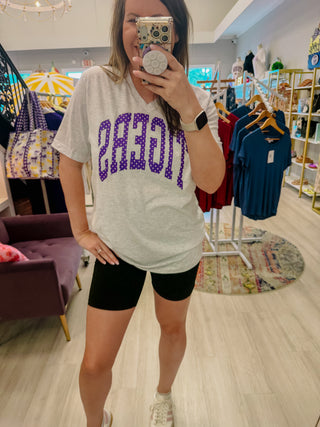 Purple TIGERS Polka Dot V Neck Tee