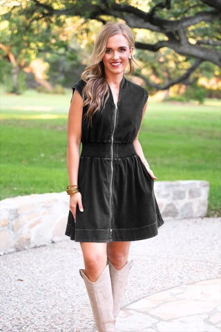 Black Refined Denim Zipper Dress