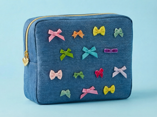Denim + Bows Large Structured Zipper Pouch