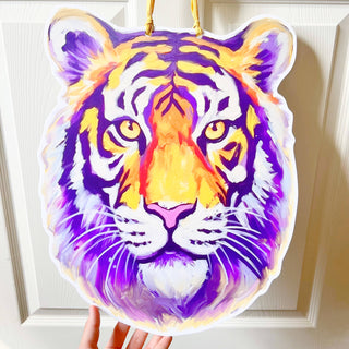 Purple and Gold Tiger Head Door Hanger