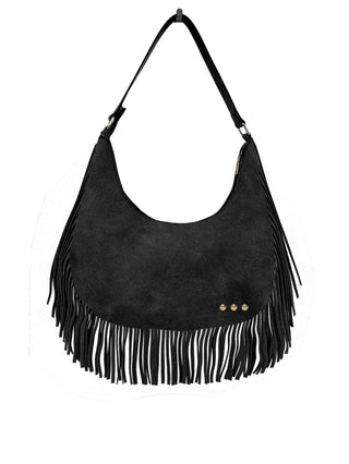 Loretta Suede Fringe Slouchy Bag in Black