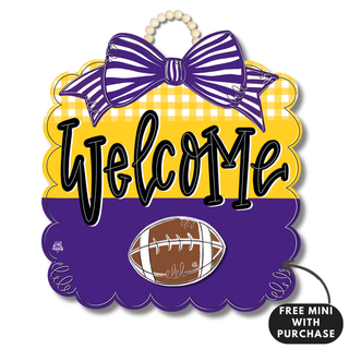 Purple and Yellow Gold Football Scallop Door Hanger w / mini