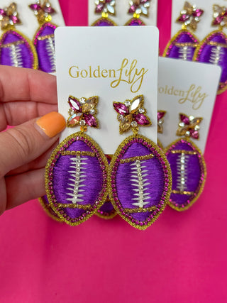 Purple & Gold Football Dangle Earrings
