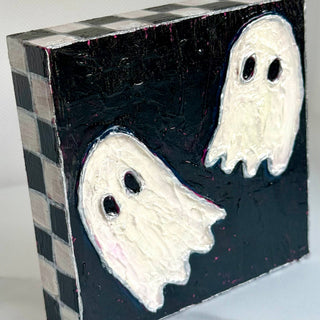 Halloween Ghosts Check Textured Handpainted Wood Block Art⁠
