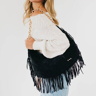 Loretta Suede Fringe Slouchy Bag in Black