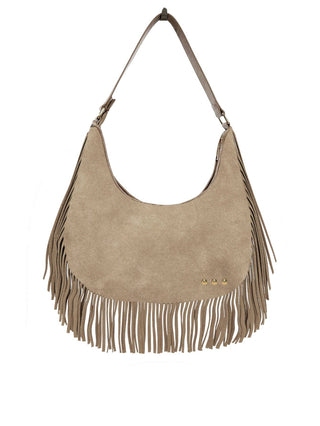 Loretta Suede Fringe Slouchy Bag in Taupe