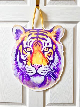 Purple and Gold Tiger Head Door Hanger