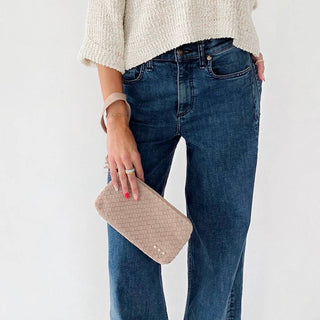 Suede Emma Woven Clutch Wristlet in Taupe