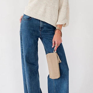 Suede Emma Woven Clutch Wristlet in Taupe