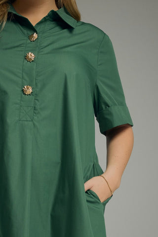 Hunter Green & Gold Midi Shirt Dress