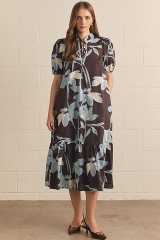 Ginny Brown & Blue Floral Midi Dress
