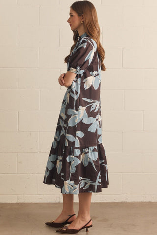 Ginny Brown & Blue Floral Midi Dress